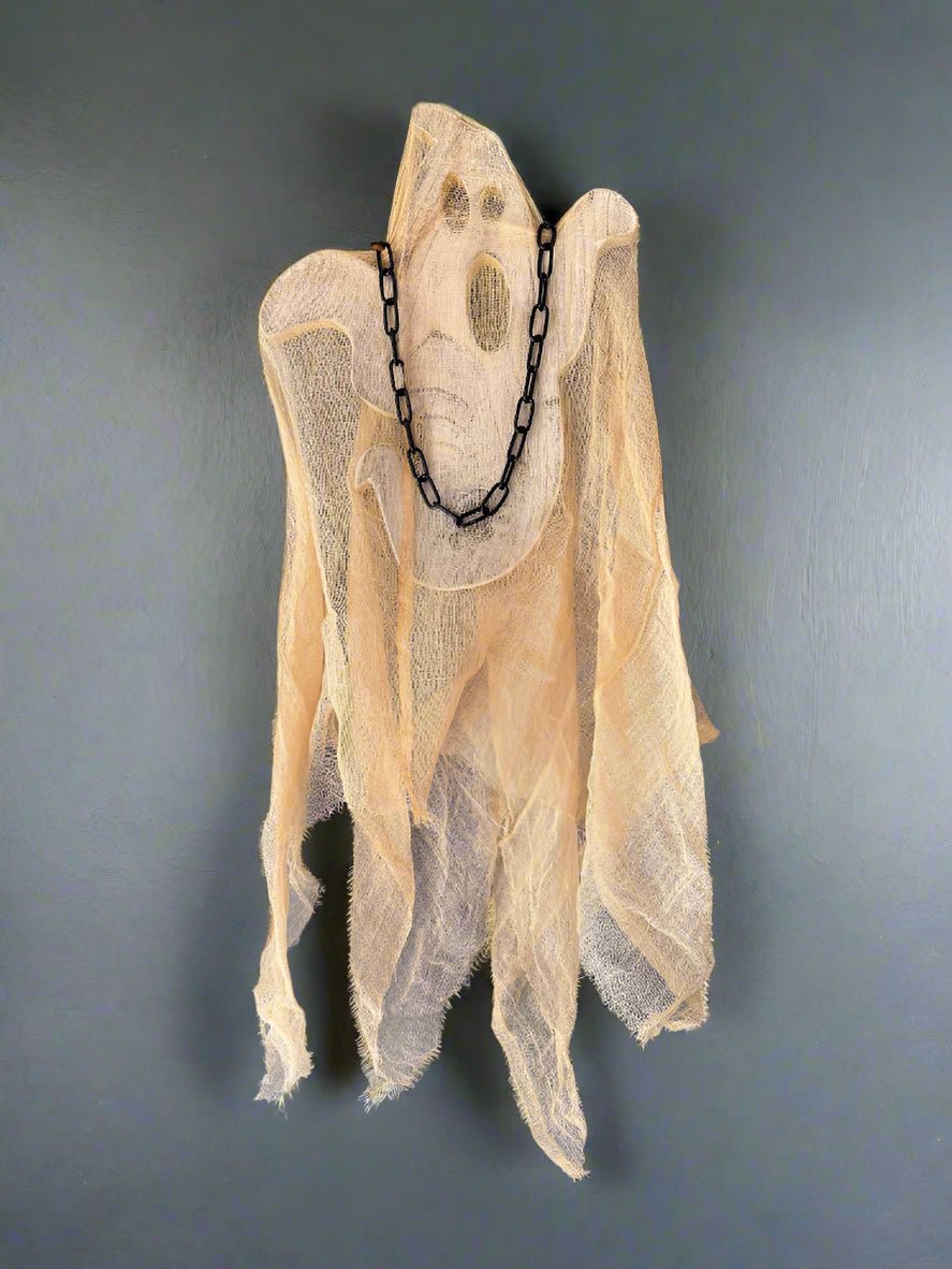 Primitive Handcrafted Halloween Chunky Wood Hanging Ghost w/ Cheesecloth - The Primitive Pineapple Collection