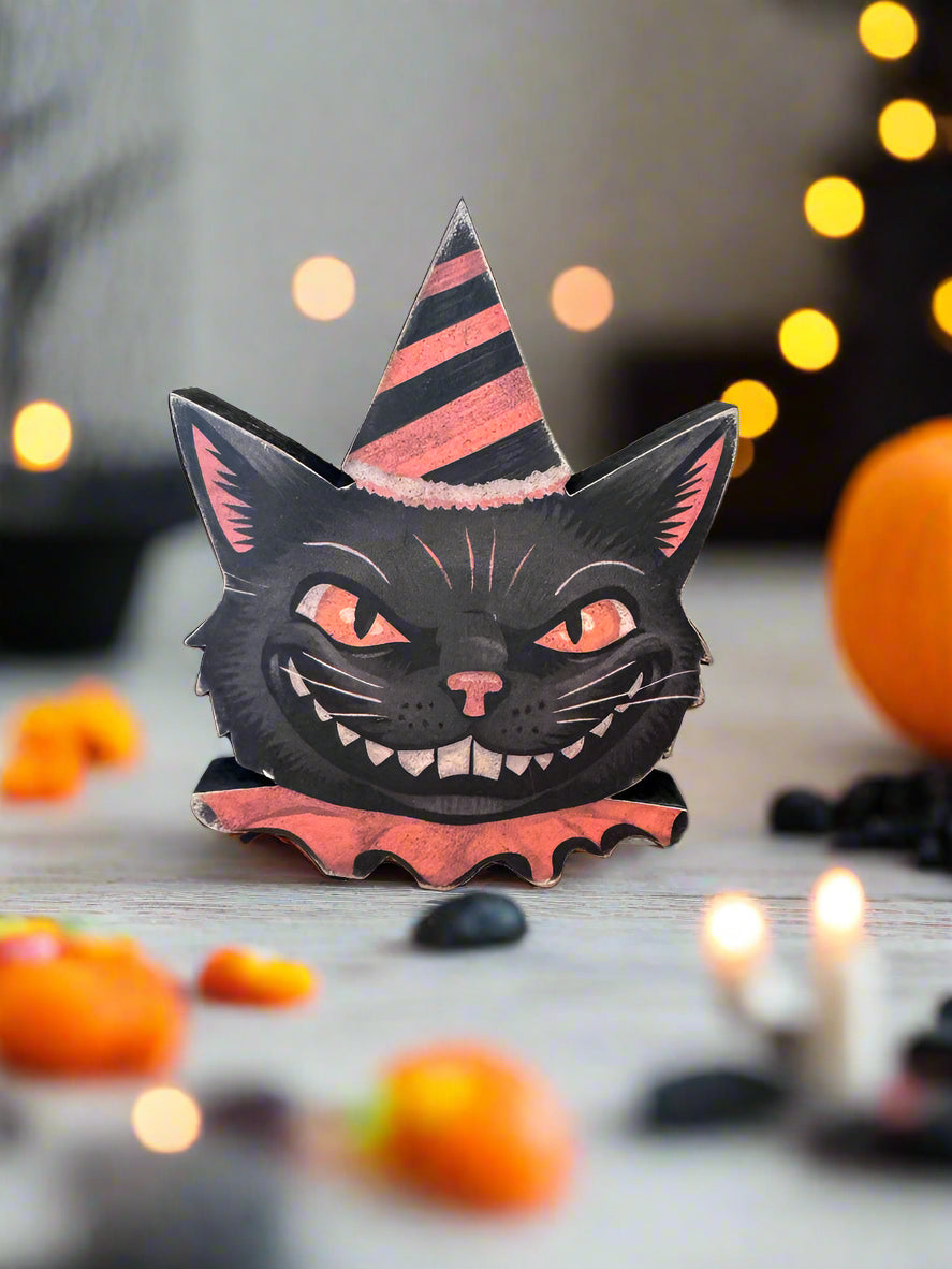 Primitive Handcrafted Halloween Chunky Wood Grinning Black Cat 5&quot; Shelf Sitter
