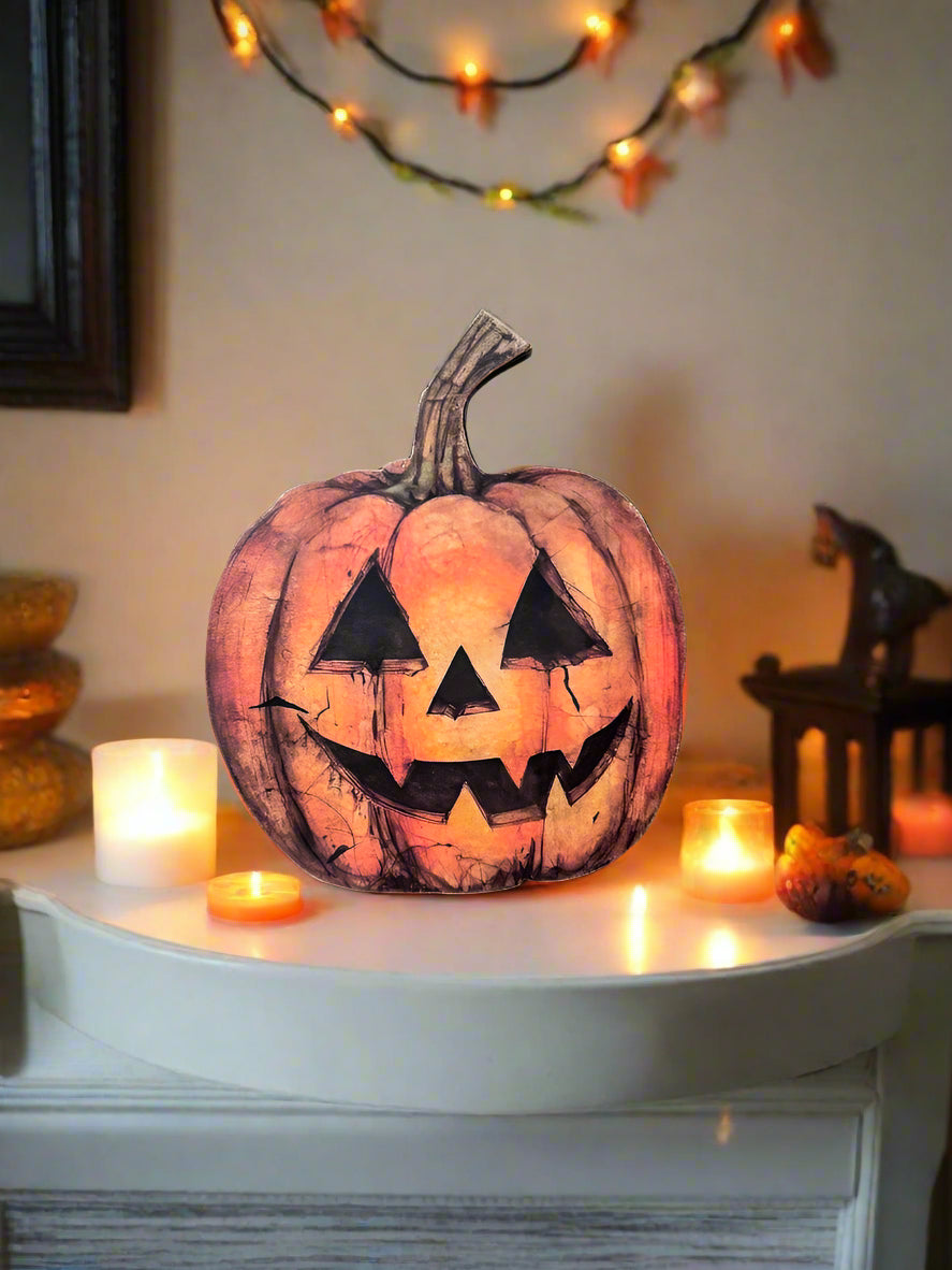 Primitive Handcrafted Halloween Chunky Wood Jack O Lantern 5&quot; Shelf Sitter