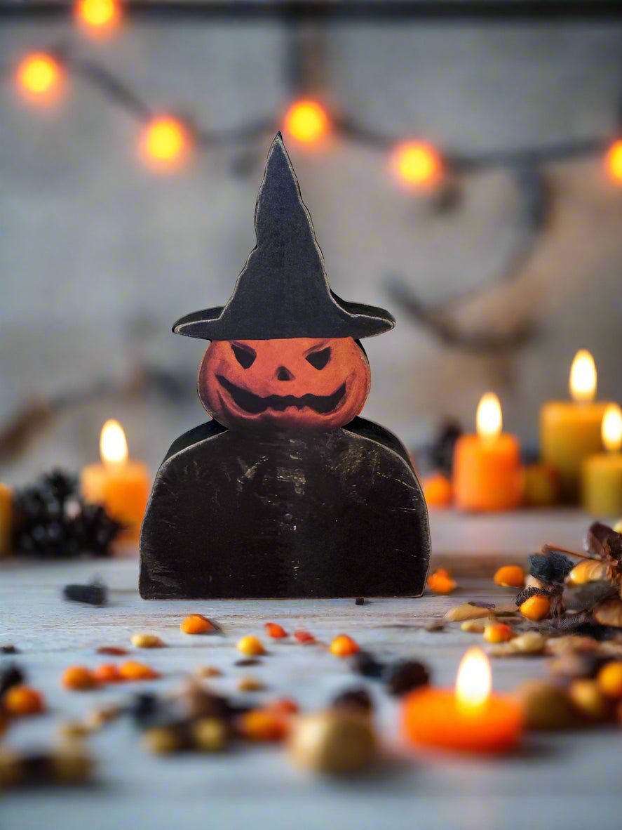 Primitive Handcrafted Halloween Chunky Wood Pumpkin Witch 5&quot; Shelf Sitter - The Primitive Pineapple Collection