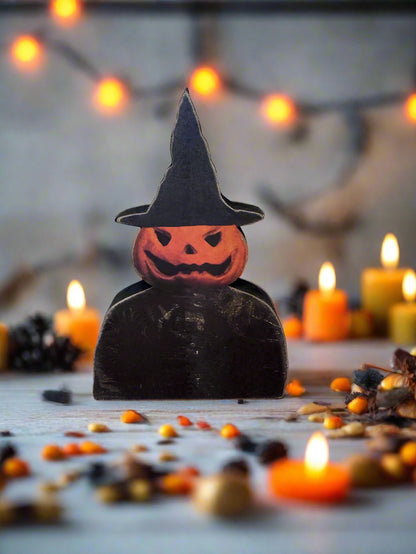 Primitive Handcrafted Halloween Chunky Wood Pumpkin Witch 5&quot; Shelf Sitter - The Primitive Pineapple Collection