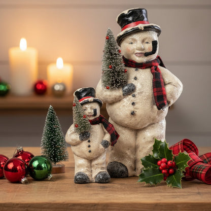 Ragon House 15.5-inch Primitive Mache Face Snowman with Bottle Brush Tree - The Primitive Pineapple Collection