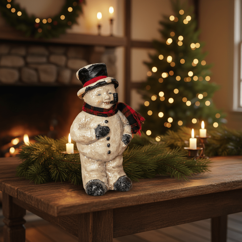 Primitive Ragon House Christmas Folk art 8.5" Face Snowman Pipe Scarf Top Hat - The Primitive Pineapple Collection
