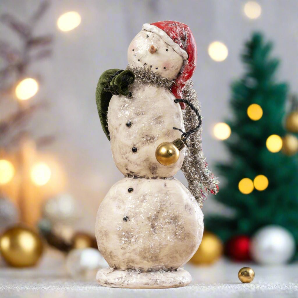 Christmas Ragon House 10.75&quot; Snowman w Gold Ornament Figurine - The Primitive Pineapple Collection