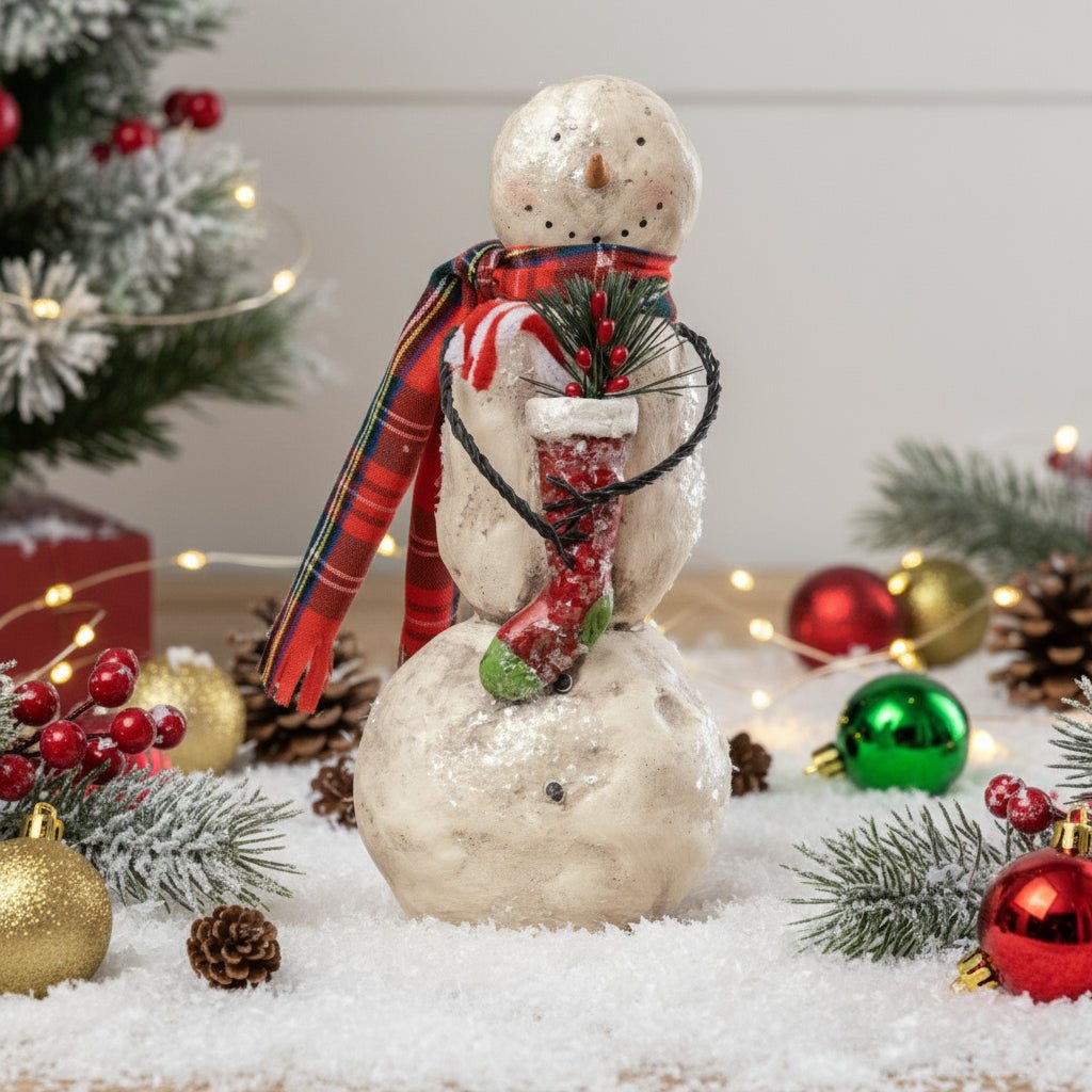 Christmas Ragon House 10.5&quot; Snowman w Candy Cane Stocking Figurine - The Primitive Pineapple Collection