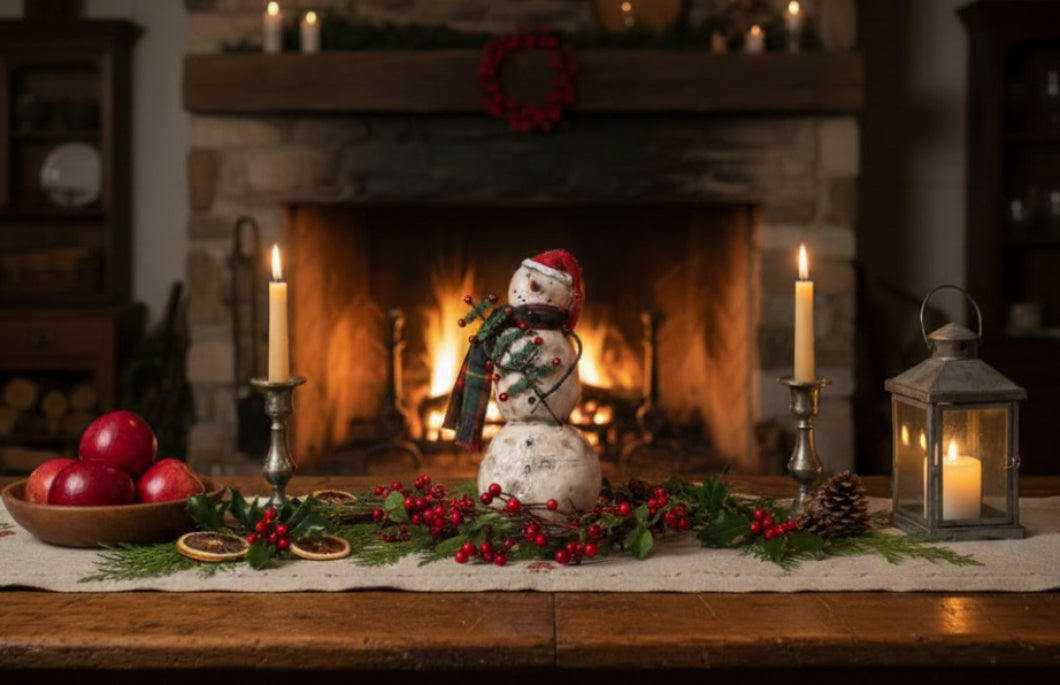 Christmas Ragon House 10.5" Snowman w Primitive Pencil Christmas Tree - The Primitive Pineapple Collection
