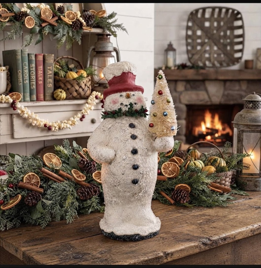 Primitive Mache Snowman with Holly — 12.5" Handcrafted Christmas Decor - The Primitive Pineapple Collection