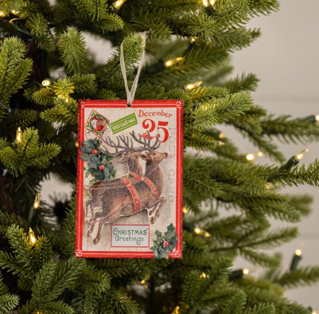 Ragon House Christmas Vintage Look 6&quot; Reindeer Postcard Ornament