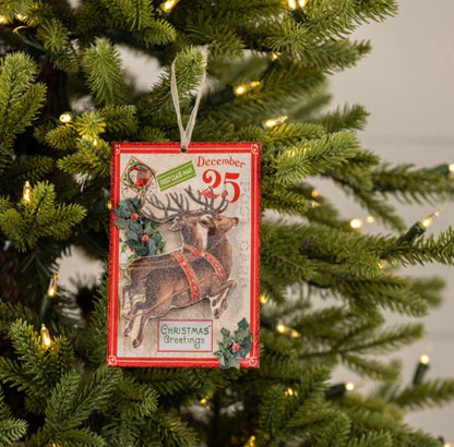 Ragon House Christmas Vintage Look 6&quot; Reindeer Postcard Ornament