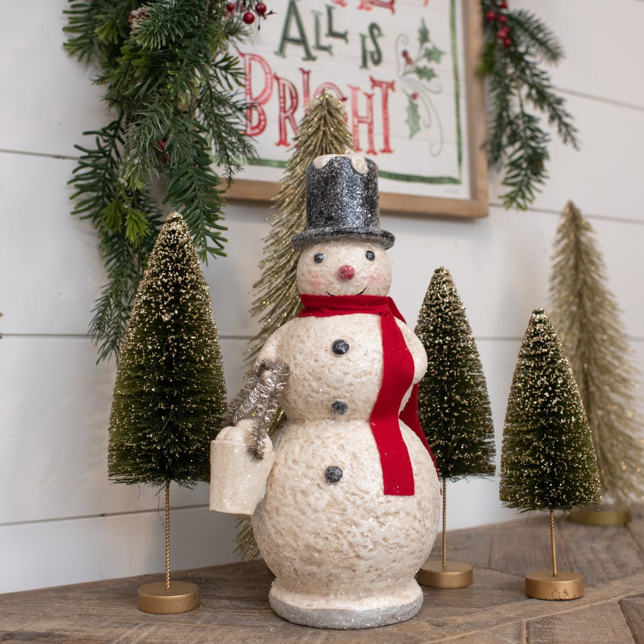 Ragon House 14" Primitive Snowman Figurine – Paper Mache Christmas Decor with Snowballs &amp; Tinsel - The Primitive Pineapple Collection