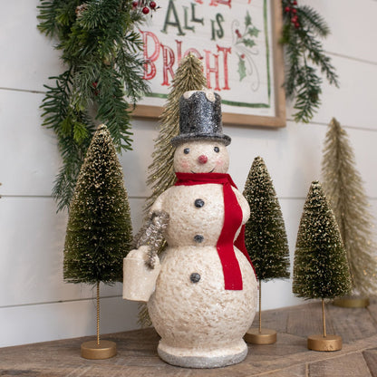 Ragon House 14" Primitive Snowman Figurine – Paper Mache Christmas Decor with Snowballs &amp; Tinsel - The Primitive Pineapple Collection