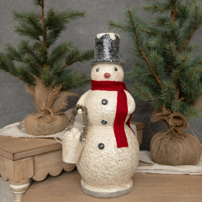 Ragon House 14" Primitive Snowman Figurine – Paper Mache Christmas Decor with Snowballs &amp; Tinsel - The Primitive Pineapple Collection