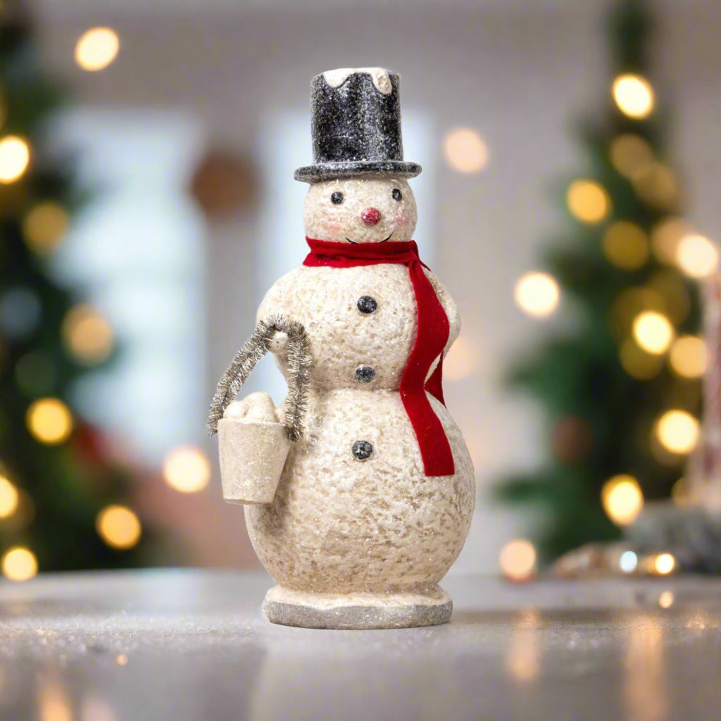 Ragon House 14" Primitive Snowman Figurine – Paper Mache Christmas Decor with Snowballs &amp; Tinsel - The Primitive Pineapple Collection
