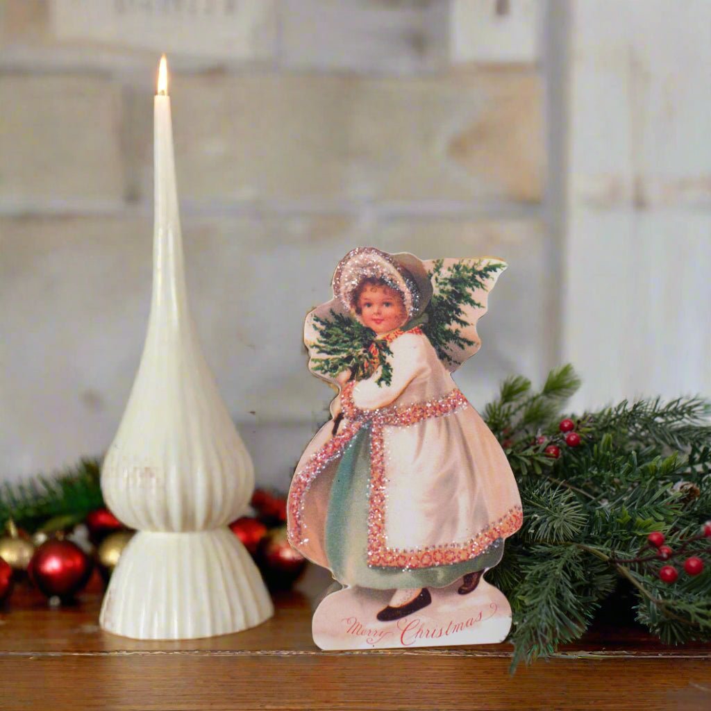 Ragon House Vintage/Retro 10&quot; Merry Christmas Girl w/ Tree Dummy Board - The Primitive Pineapple Collection
