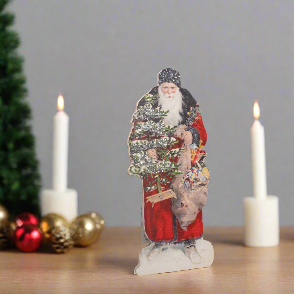 Ragon House Vintage/Retro 10&quot; Snowy Santa w/ Toy Bag Dummy Board - The Primitive Pineapple Collection