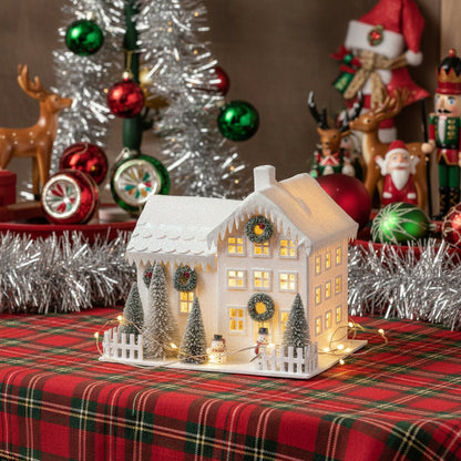 Ragon House Christmas Putz Style Light Up 8" White Farmhouse Bottle Brush Tree Snowman - The Primitive Pineapple Collection