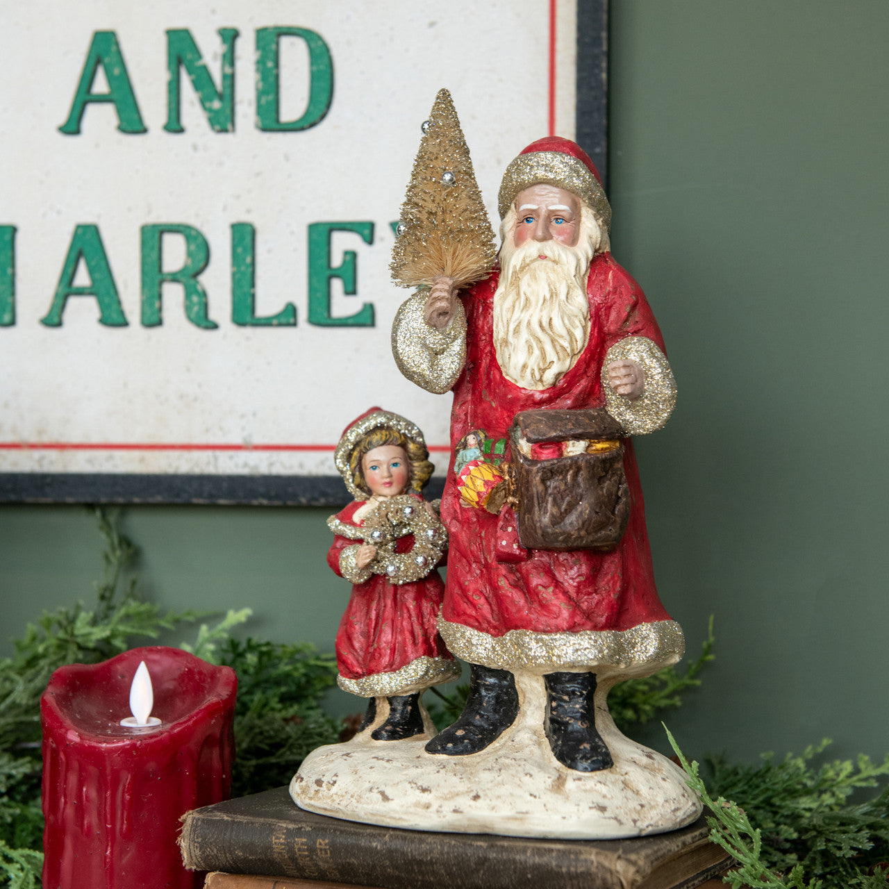 Ragon House Christmas 11” Vintage Looking Chimney Santa with Child and Bottle Brush Tree