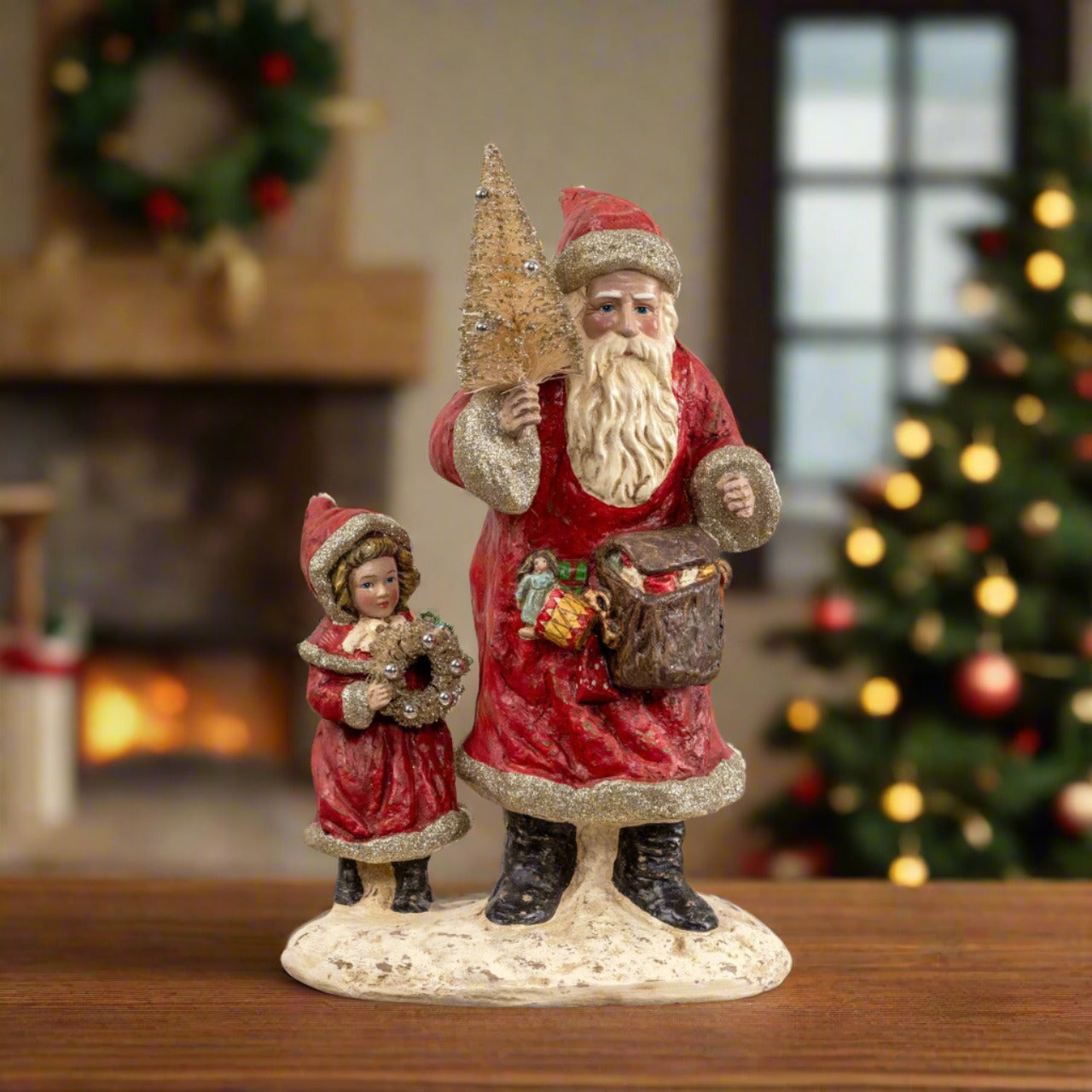 Ragon House Christmas 11” Vintage Looking Chimney Santa with Child and Bottle Brush Tree