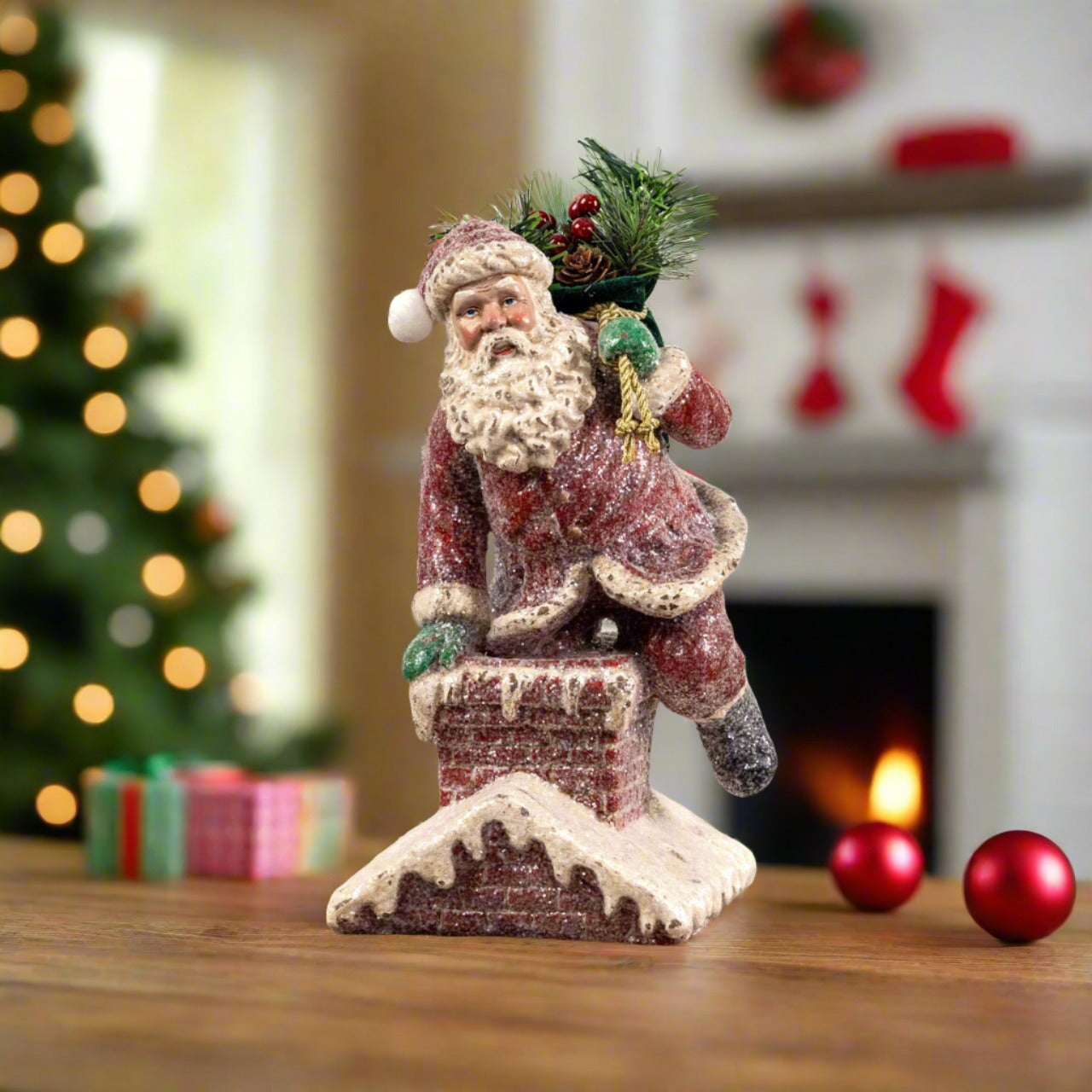 Ragon House Christmas 11.5” Vintage Looking Chimney Rooftop Santa with Sack of Greens