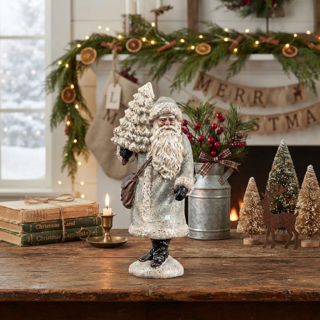 Ragon House 12.5" Silver Santa with Tree | Primitive Christmas Decor - The Primitive Pineapple Collection
