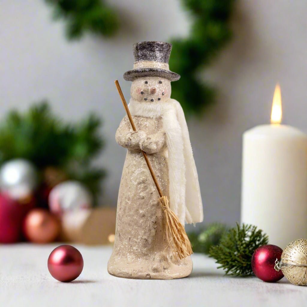 Ragon House Christmas 17” Vintage Looking Snowman Figurine w/Scarf and Broom - The Primitive Pineapple Collection