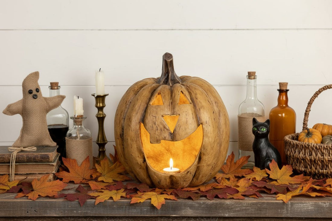 Halloween Fall Ragon House Collectable 15” Beige Big Mouth Pumpkin Luminary - The Primitive Pineapple Collection