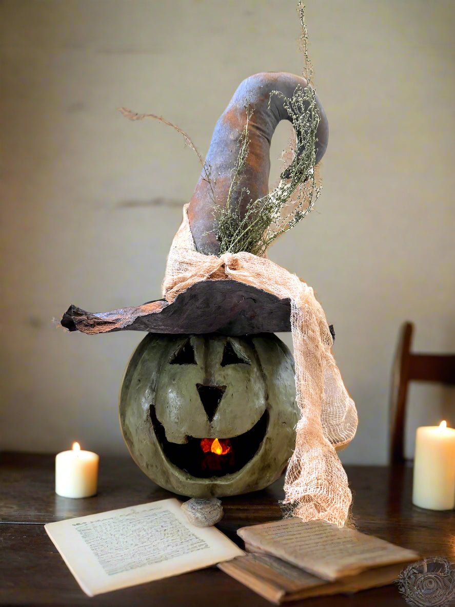 Halloween Ragon House Collectable 11” Olive Green Big Mouth Pumpkin Luminary - The Primitive Pineapple Collection