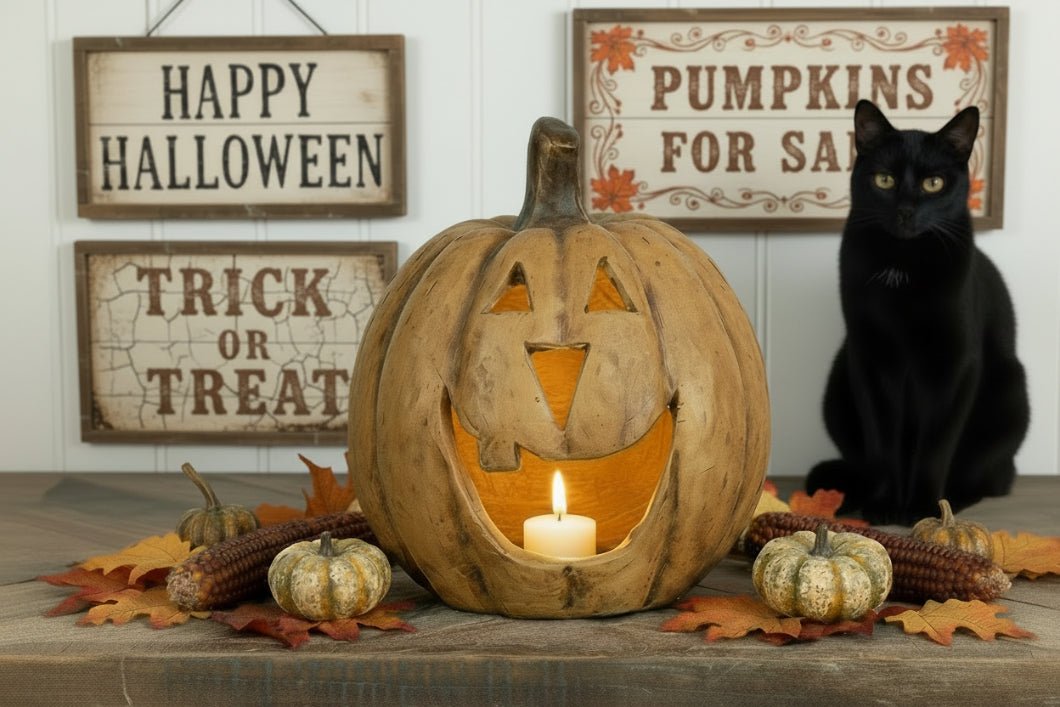 Halloween Ragon House Collectable 11” Beige Big Mouth Pumpkin Luminary - The Primitive Pineapple Collection