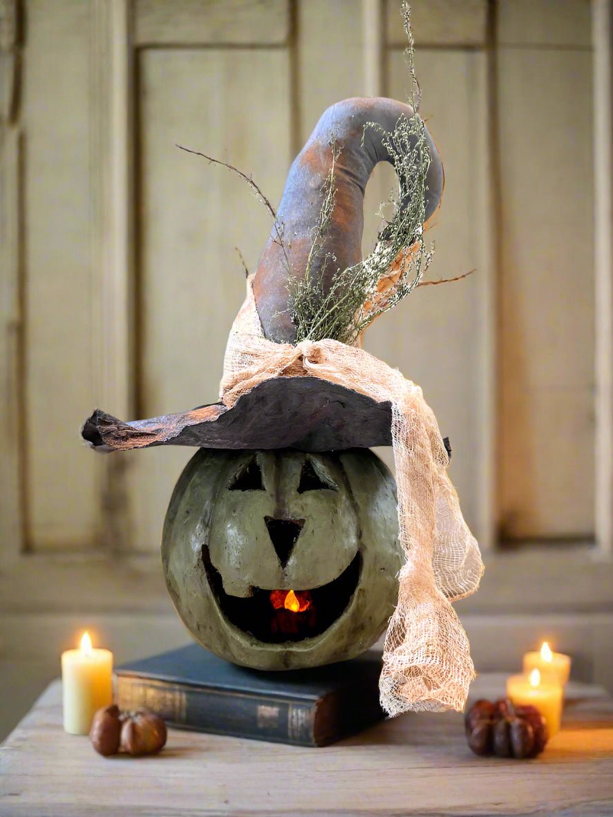Ragon House Mache 8&quot; Olive Green Big Mouth Pumpkin Jack O Lantern Halloween - The Primitive Pineapple Collection