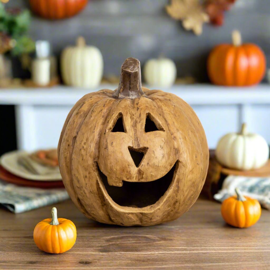 Ragon House Mache 8" Beige Big Mouth Pumpkin Jack O Lantern Halloween - The Primitive Pineapple Collection