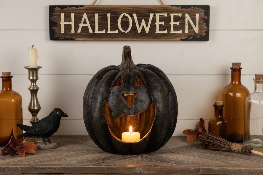 Halloween Fall Ragon House Collectable 15” Black Big Mouth Pumpkin Luminary - The Primitive Pineapple Collection