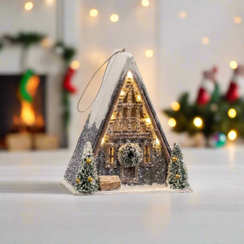 Ragon House Christmas Vintage Look Light Up A Frame Cabin Ornament/Table Display 8" - The Primitive Pineapple Collection