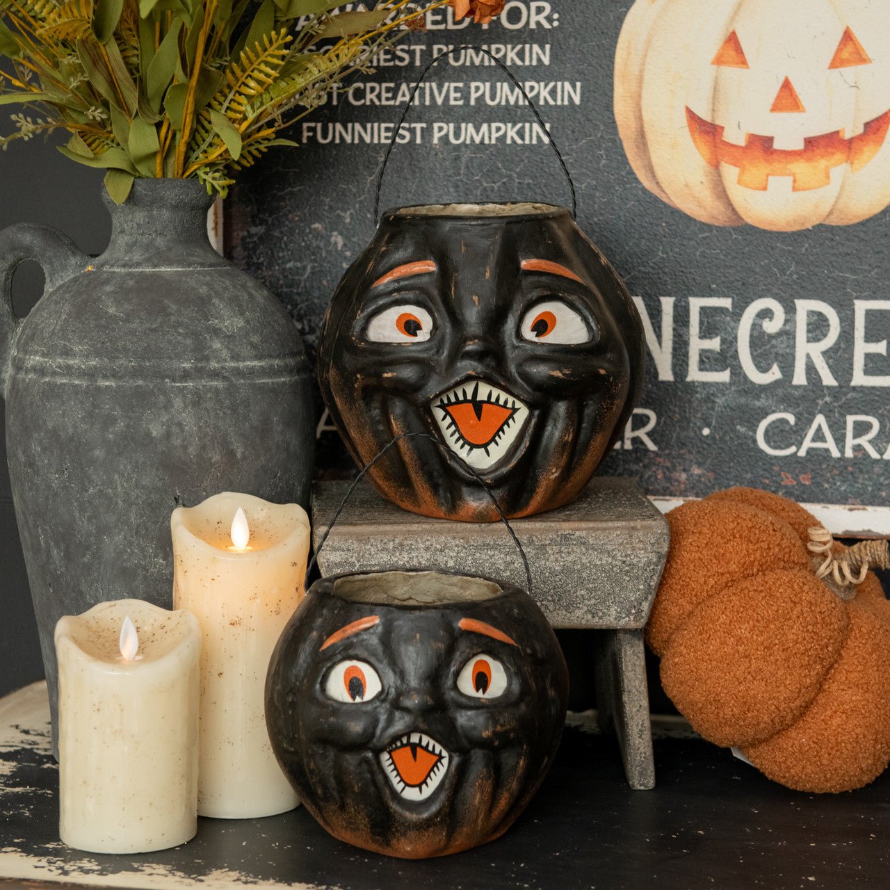 Primitive Halloween Fall Ragon House 5&quot; Black Jack O Lantern Choir Boy Bucket - The Primitive Pineapple Collection