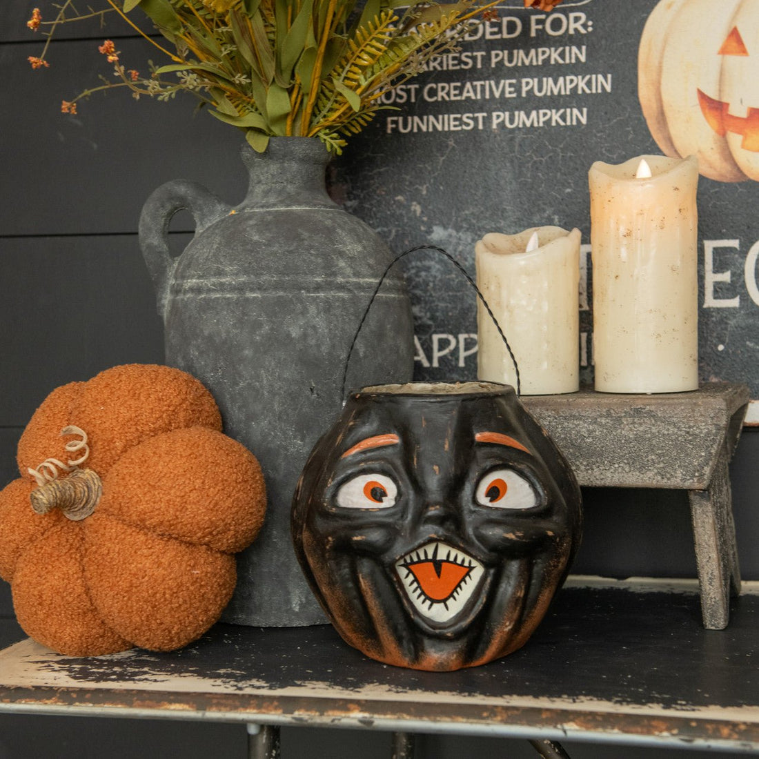 Primitive Halloween Fall Ragon House 7" Black Jack O Lantern Choir Boy Bucket - The Primitive Pineapple Collection