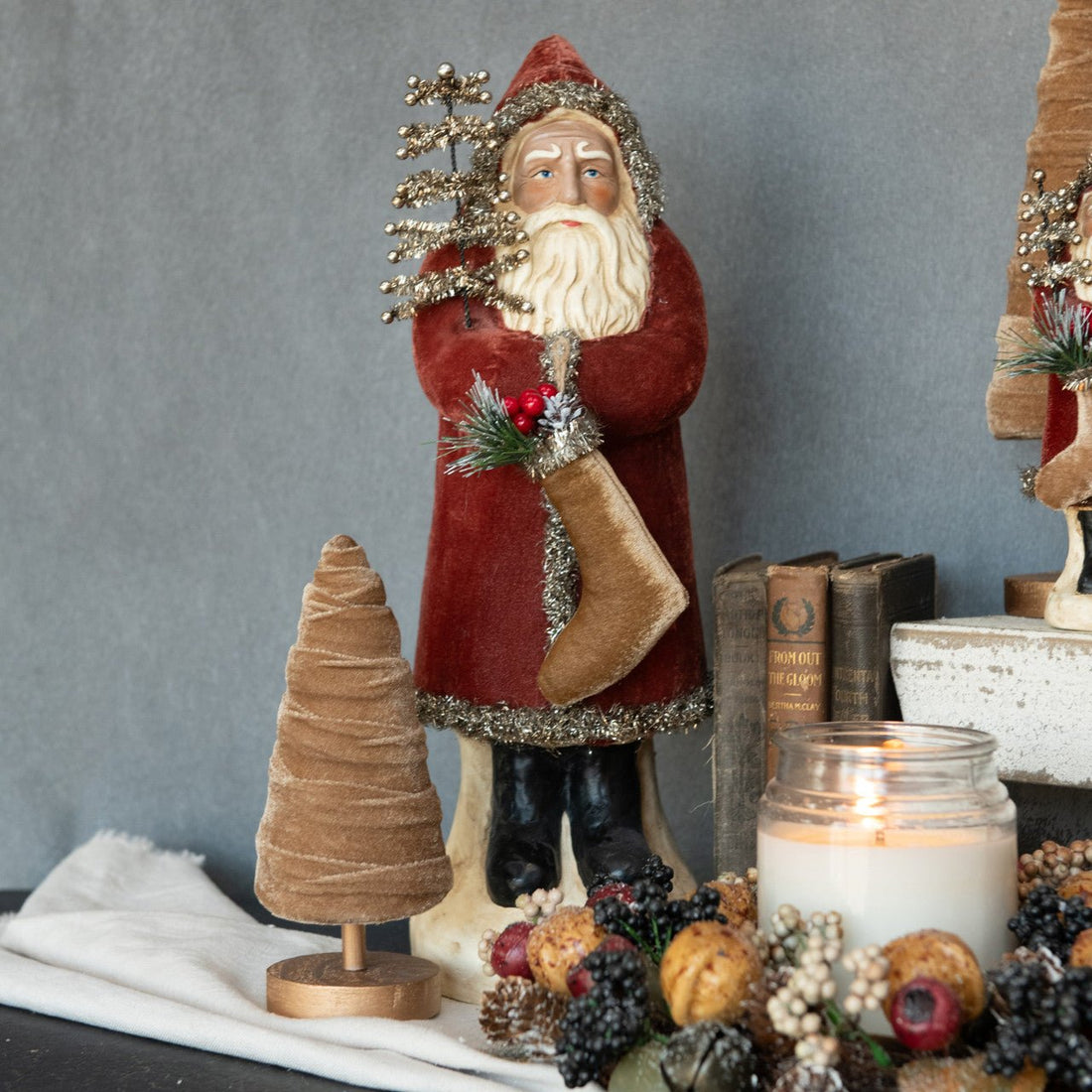 Ragon House Christmas 16.5" Russet Velvet Belsnickle Santa w/ Tinsel Tree/Stocking - The Primitive Pineapple Collection