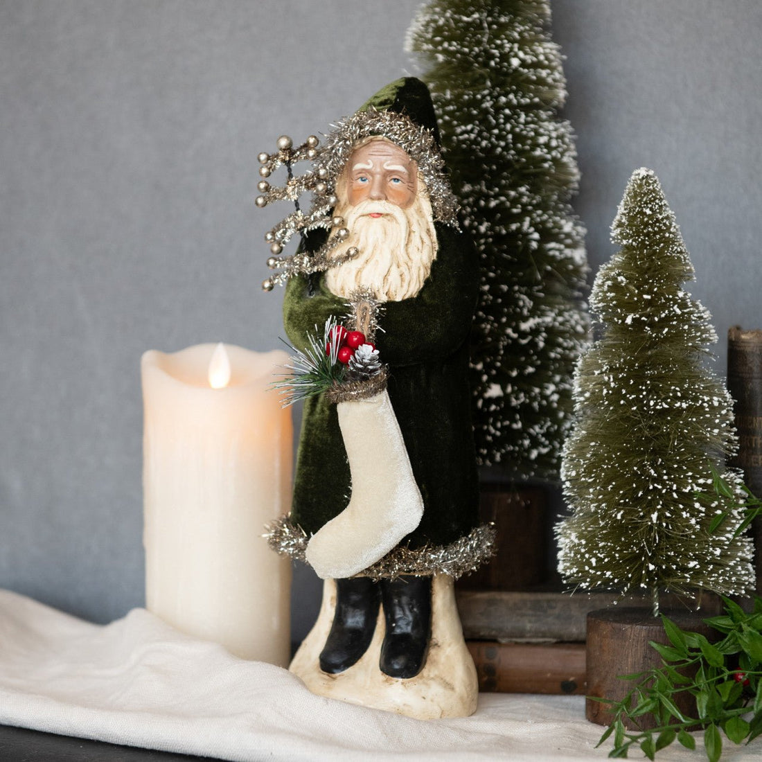 Ragon House Christmas 12" Forest Green Velvet Belsnickle Santa w/ Tinsel Tree - The Primitive Pineapple Collection