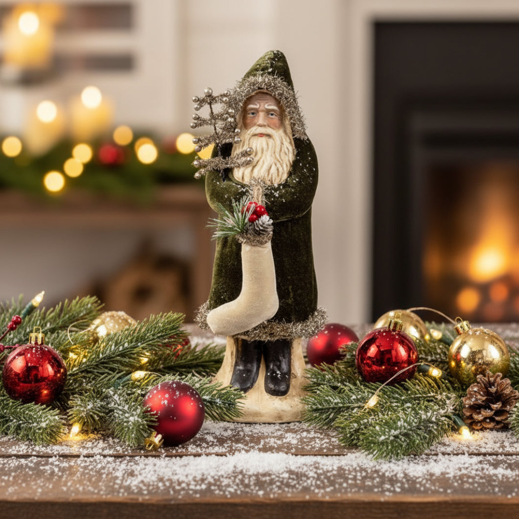Ragon House Christmas 12" Forest Green Velvet Belsnickle Santa w/ Tinsel Tree - The Primitive Pineapple Collection