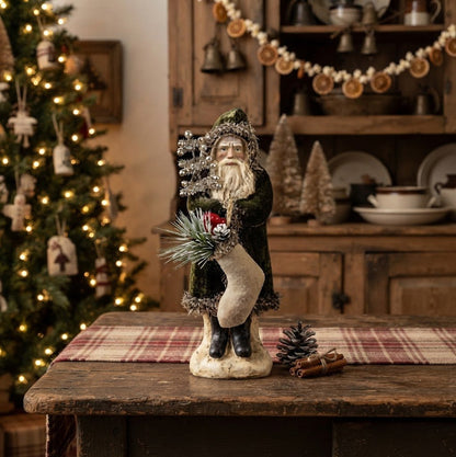 Ragon House 8" Forest Green Velvet Belsnickle Santa with Tinsel Tree – Vintage Style Primitive Christmas Figurine - The Primitive Pineapple Collection