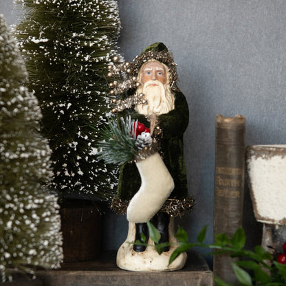 Ragon House Christmas 8&quot; Forest Green Velvet Belsnickle Santa w/ Tinsel Tree - The Primitive Pineapple Collection