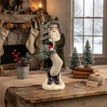 Ragon House 8" Forest Green Velvet Belsnickle Santa with Tinsel Tree – Vintage Style Primitive Christmas Figurine - The Primitive Pineapple Collection