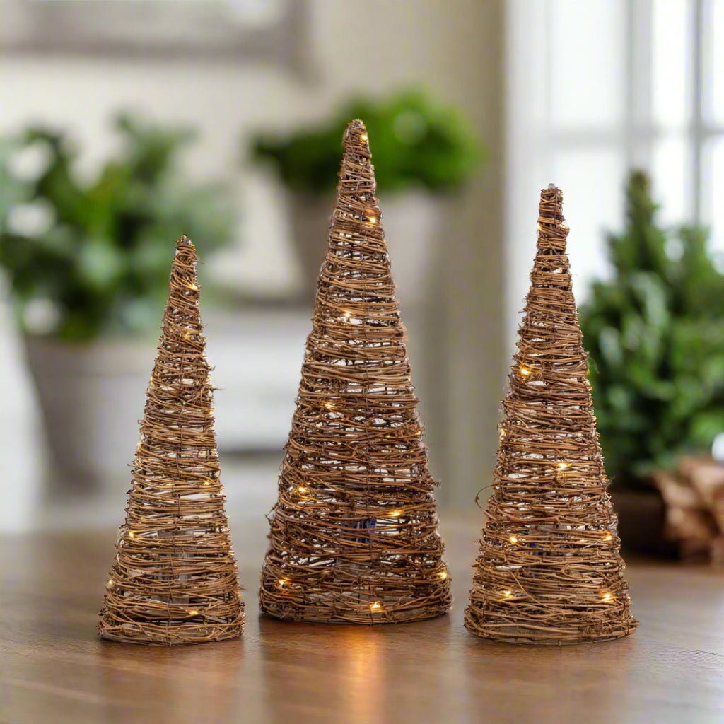 Ragon House Primitive Farmhouse Rustic 3 pc Lighted Grapevine Cone Trees - The Primitive Pineapple Collection