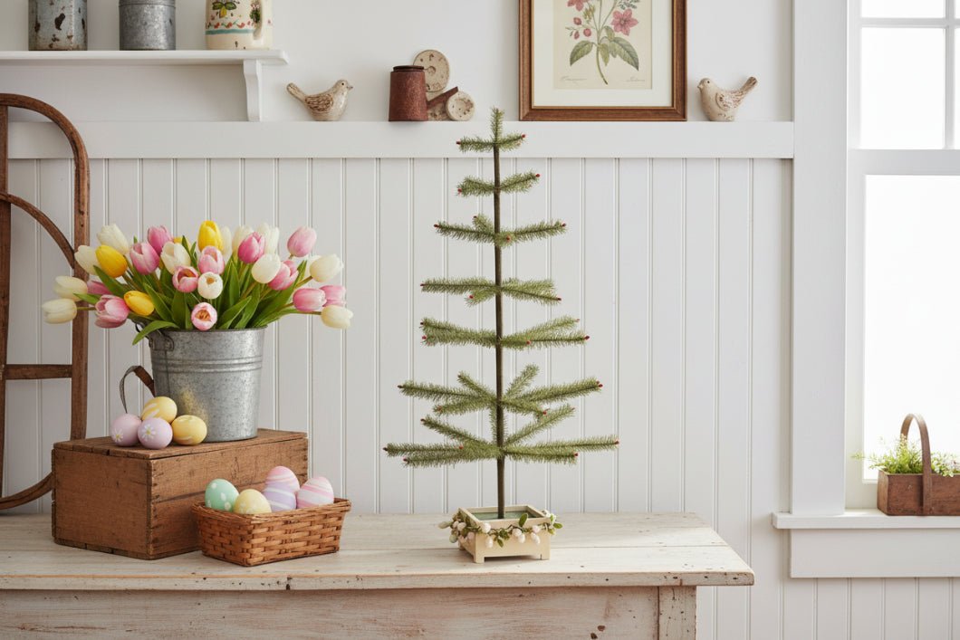 Ragon House Germany Style 36" Green Feather Tree w/ Berries in Stenciled Wood Base - The Primitive Pineapple Collection