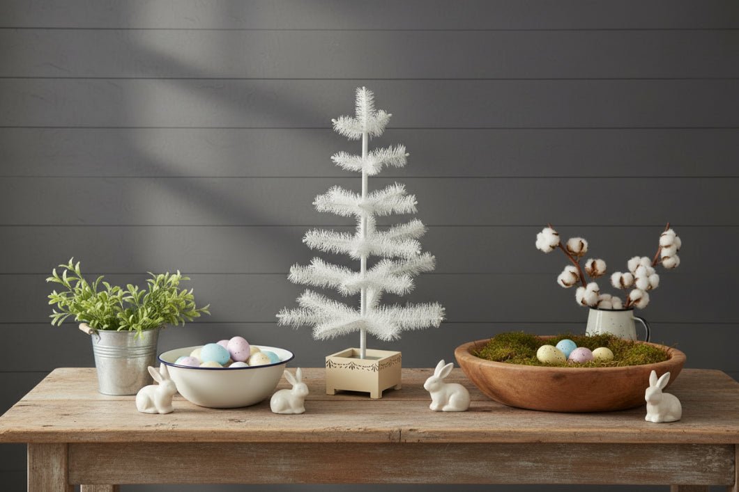 Ragon House Germany Style 24" Ivory Feather Tree in Stenciled Wood Base - The Primitive Pineapple Collection