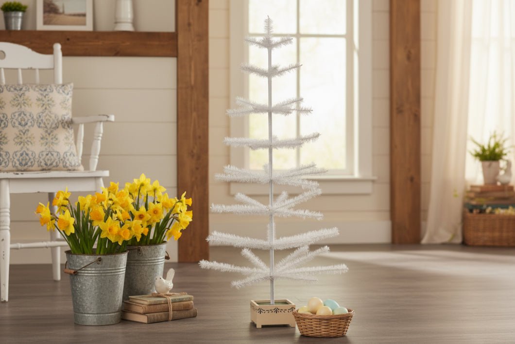 Ragon House Germany Style 48" Ivory Feather Tree in Stenciled Wood Base - The Primitive Pineapple Collection