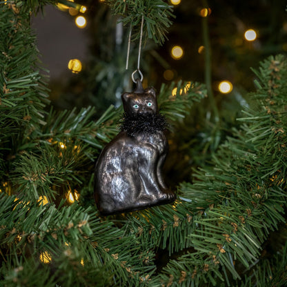 Halloween Ragon House 3.25&quot; Black Cat Glass Ornament - The Primitive Pineapple Collection