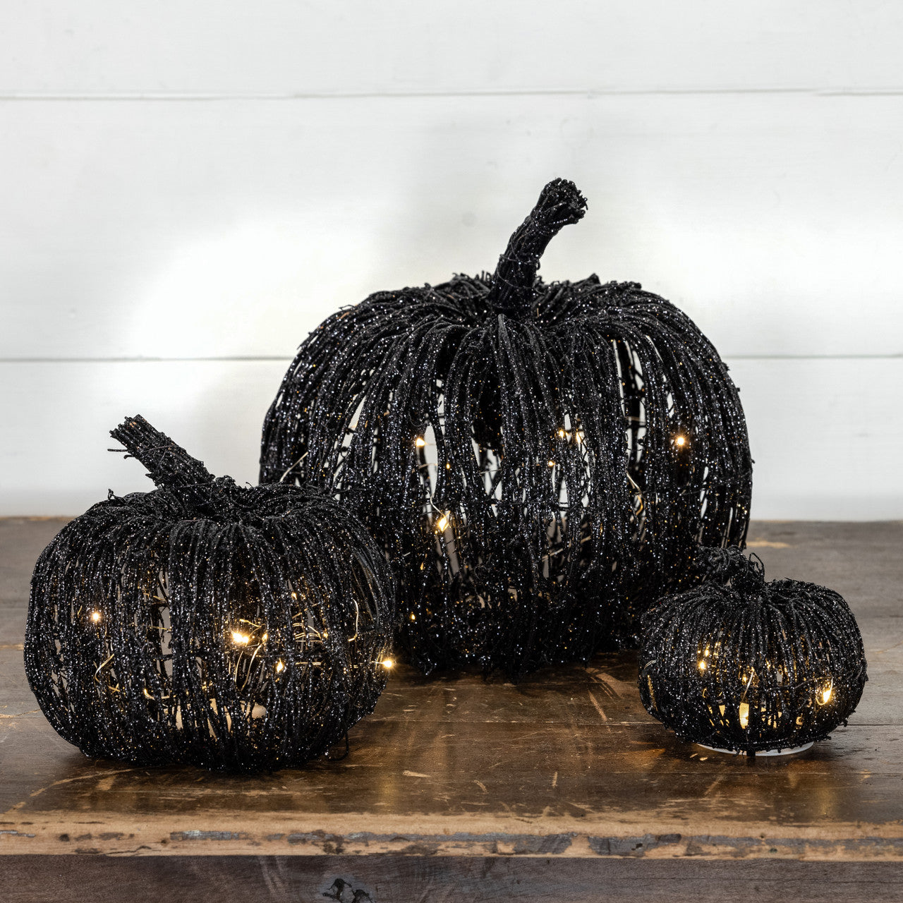 Ragon House Halloween Fall Collectable 11” Lit Up Black Glitter Rattan Pumpkin