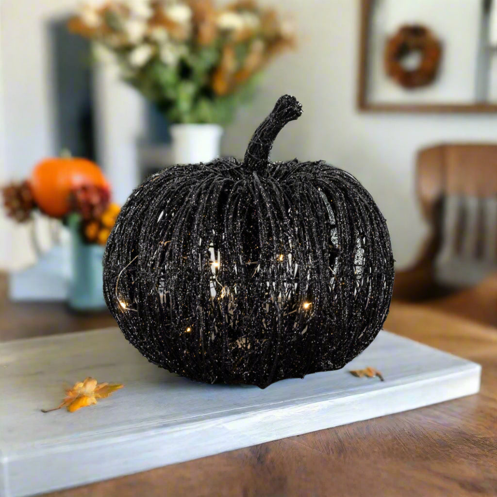 Ragon House Halloween Fall Collectable 11” Lit Up Black Glitter Rattan Pumpkin