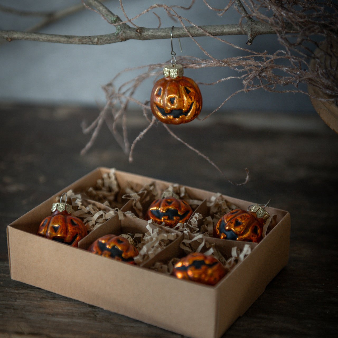 Halloween Ragon House 6 pc Glass Mini Jack O Lantern Glass Ornaments Set - The Primitive Pineapple Collection