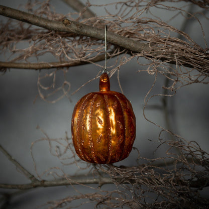 Halloween Ragon House 2.75&quot; Orange Glitter Pumpkin Glass Ornament - The Primitive Pineapple Collection