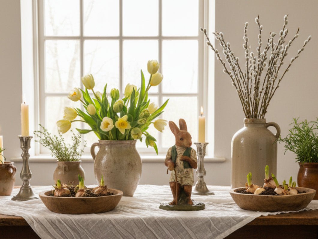 Primitive Ragon House Spring 8.5" Vintage Look Bunny w/ Cane Figurine - The Primitive Pineapple Collection